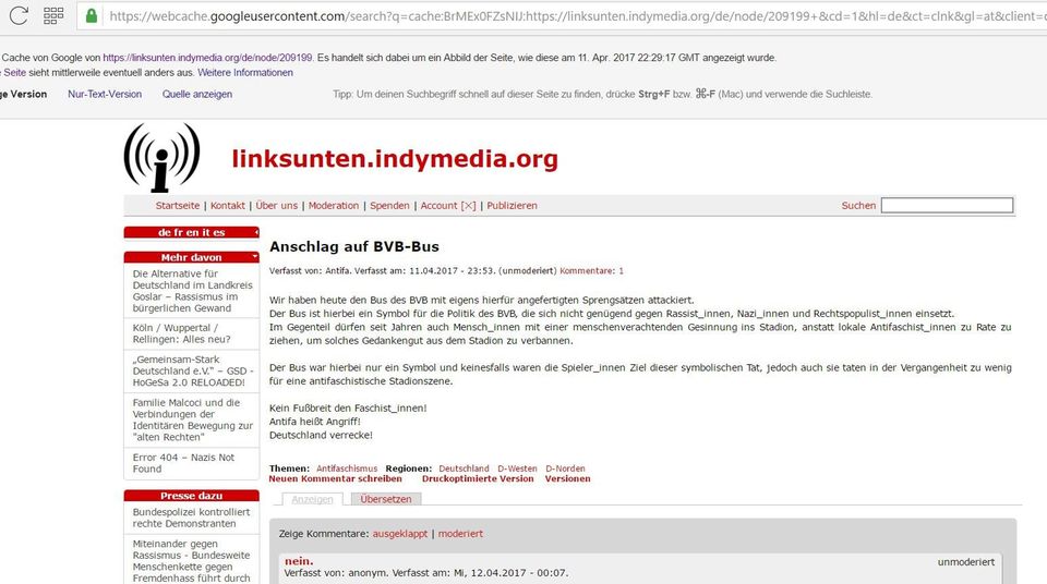 Ein Screenshot zeigt das auf indymedia.org veröffentlichte Bekennerschreiben von Linksextremisten. Die Authentizität ist unklar