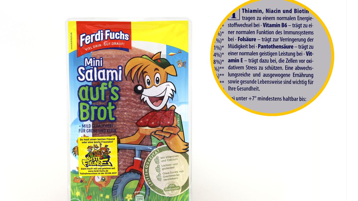 Die Salami "Ferdi Fuchs" vom Hersteller Stockmeyer wirbt mit dem Versprechen, der Konsum sei gut fürs Immunsystem, für geistige Leistung und Zellschutz sowie gegen Müdigkeit. Für "Foodwatch" stehen die Nährwertampeln aber auf rot: Fett, gesättigte Fette und Salz tragen nicht zu einer gesunden Ernährung bei. Gesättigte Fette stehen im Verdacht, Herz- und Kreislaufkrankheiten zu fördern. Keine gute Basis für Kinder also.
