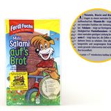 Die Salami "Ferdi Fuchs" vom Hersteller Stockmeyer wirbt mit dem Versprechen, der Konsum sei gut fürs Immunsystem, für geistige Leistung und Zellschutz sowie gegen Müdigkeit. Für "Foodwatch" stehen die Nährwertampeln aber auf rot: Fett, gesättigte Fette und Salz tragen nicht zu einer gesunden Ernährung bei. Gesättigte Fette stehen im Verdacht, Herz- und Kreislaufkrankheiten zu fördern. Keine gute Basis für Kinder also.