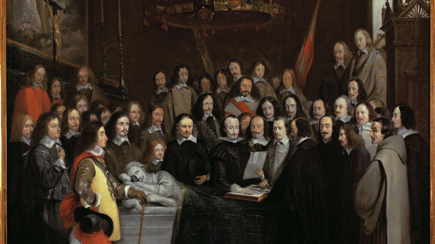 Zu sehen ist ein Gemälde aus dem 17. Jahrhundert: eine Versammlung von Diplomaten zur Vertragsunterzeichung.
