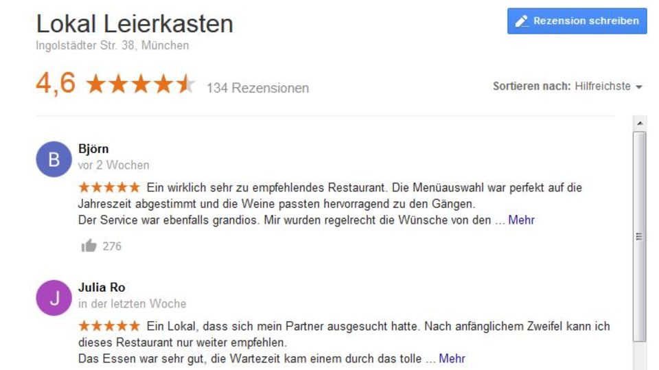 Bewertungen für das Lokal Leierkasten