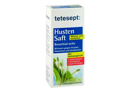 Eine Packung des Tetesept Hustensafts alkohol- und zuckerfrei 2,33g/100ml Flüssigkeit Größe 140 Gramm