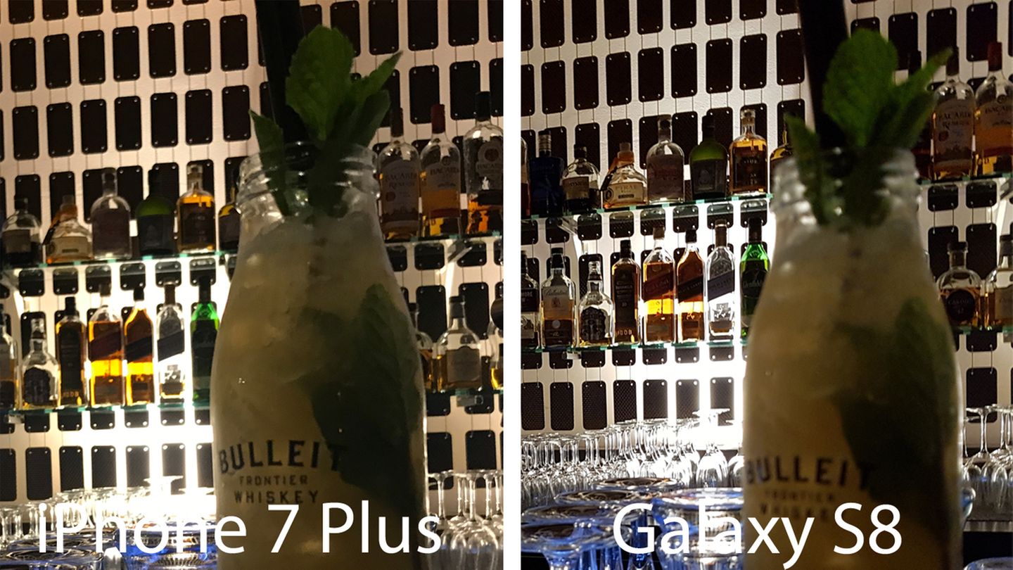 Gleiche Position, doch hier hat das Galaxy S8 den Autofokus auf den Bildhintergrund gesetzt. Wenn man ranzoomt, kann man aber noch jedes Etikett deutlich lesen - im schummrigen Licht profitiert das S8 von der lichtstarken Blende.