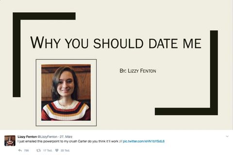 Das Deckblatt der Powerpoint-Präsentation von Lizzy Fenton. Sie trägt den Namen "Warum du mich daten solltest"