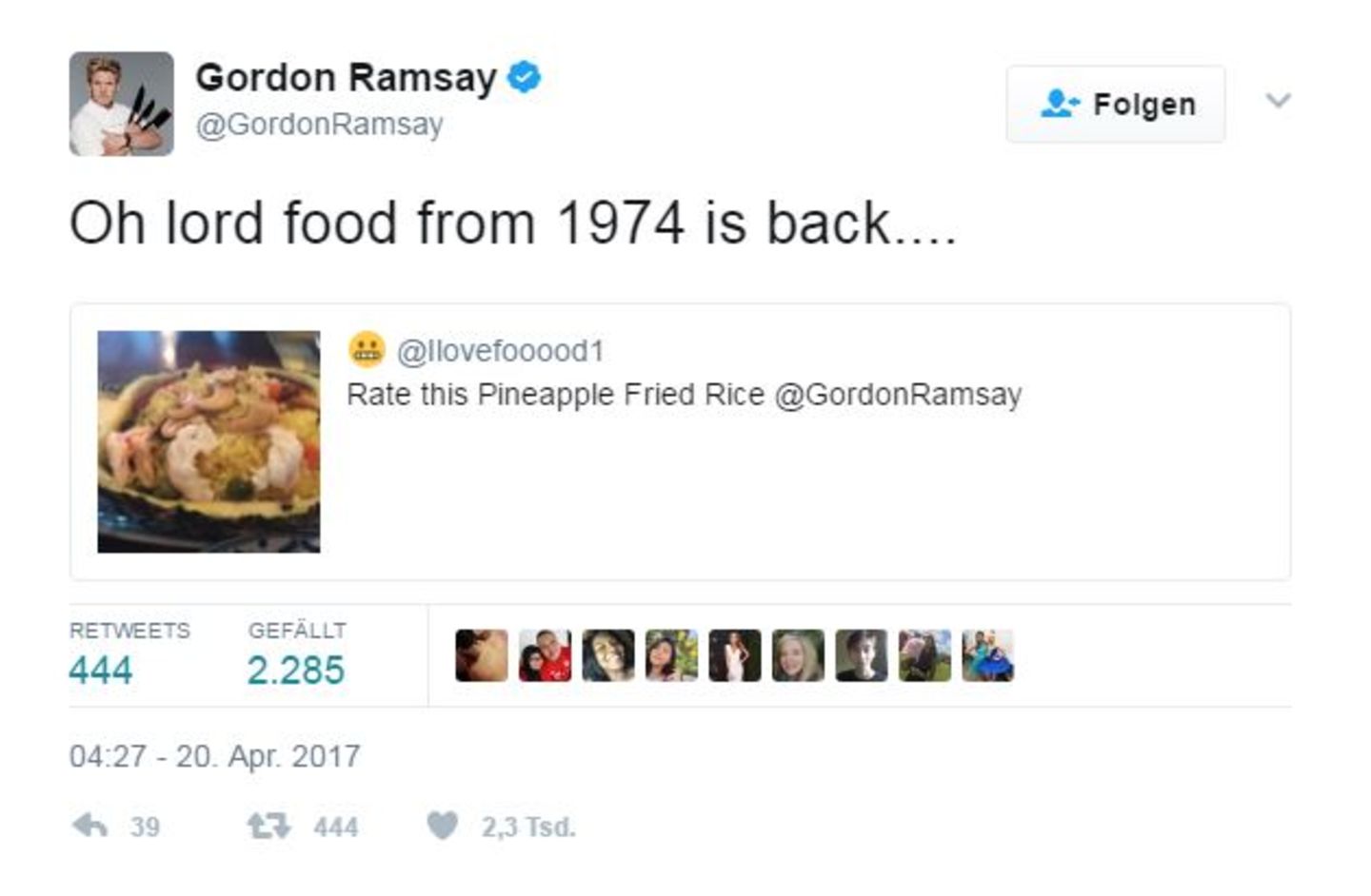 Mit der Aufforderung an Gordon Ramsay, dieses Gericht zu bewerten, wartet der Sternekoch nicht lange. Sein Urteil fällt nüchtern aus: "Oh mein Gott, 1974 ist zurück ..."
