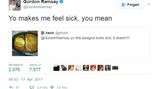 Ein Twitter-User möchte gerne wissen, ob seine Lasagne "sick", also cool aussieht. Gordon Ramsay erwidert ganz trocken, dass ihn diese Lasagne "sick" mache. Meint damit aber das Wort für krank.