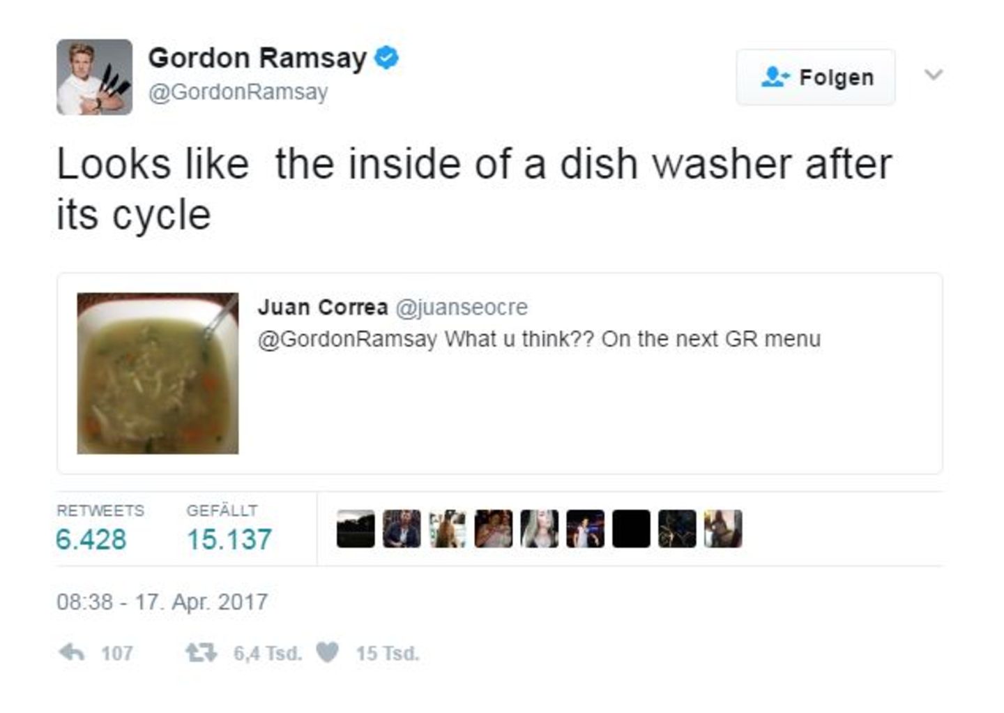 Diese Suppe ist bei Gordon Ramsay unten durch. Sie sehe es aus wie das Innere einer Spülmaschine nach ihrem Durchlauf.