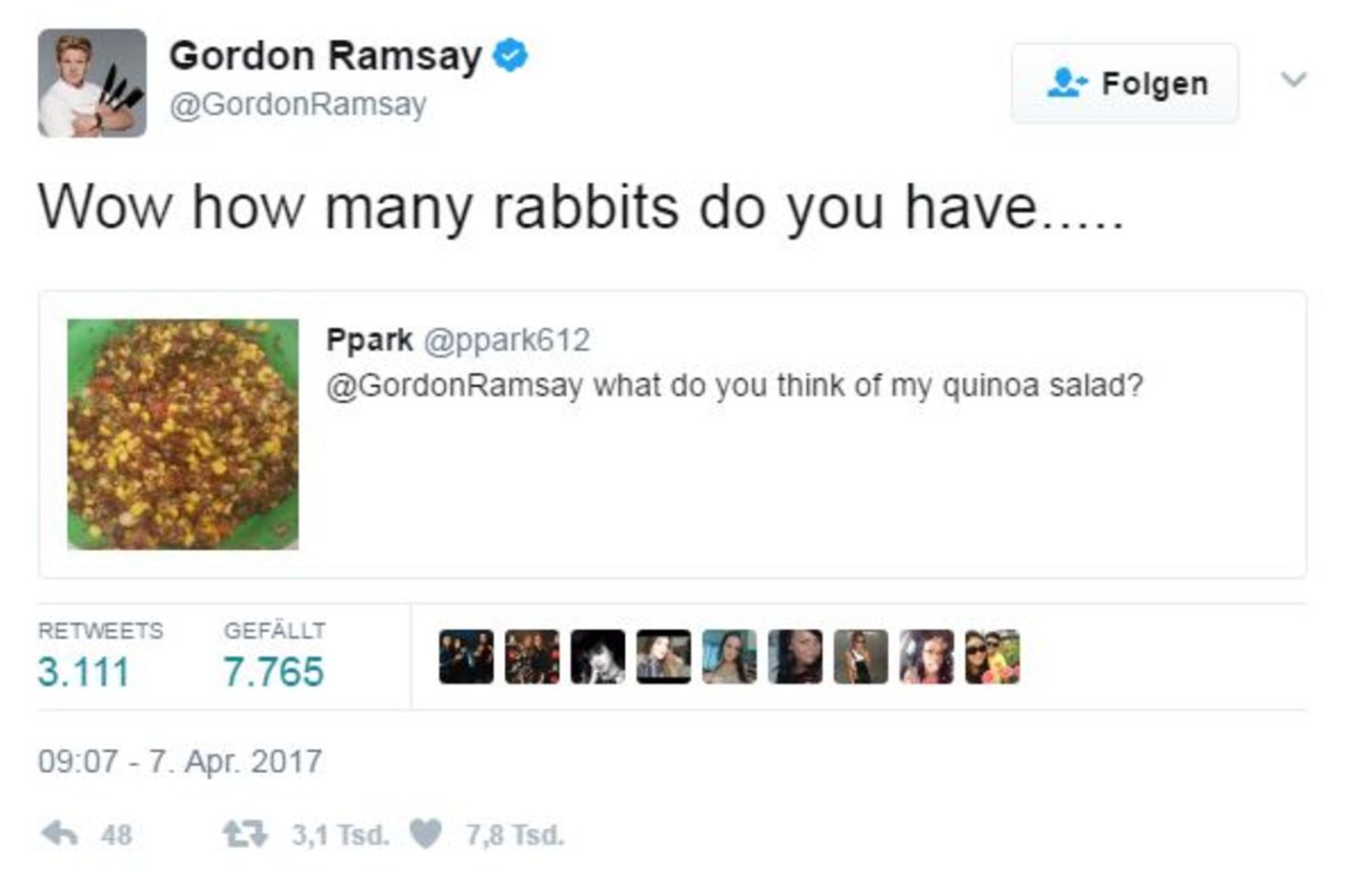 Quinoa-Salat? Diesen empfiehlt Gordon Ramsay eher den Haustieren.