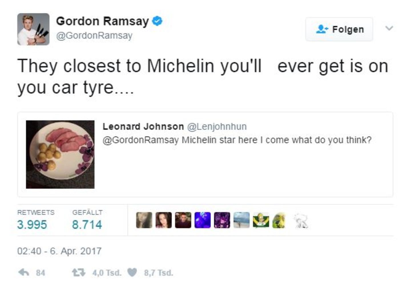 Michelin-Stern für dieses Gericht? Von wegen! Gordon Ramsays Urteil ist vernichtend: Näher als einem Michelin-Autoreifen wird dieser User wohl niemals kommen.