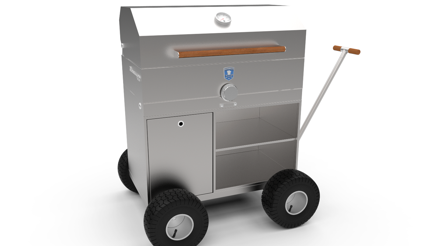 Wird das Wetter grilltauglich, zieht es Zehntausende in Parks oder an Flussufer, bewaffnet mit Einweggrills oder einem wackligen Dreibein von der Tanke. Auf diesem Billig-Equipment lassen sich nur Würstchen warm machen. Die Alternative für stilvolle "Outdoor-Griller" kommt von der Firma Brennwagen: der Brennwagen GT800. Als Grill-Bollerwagen mit Luftbereifung fallen die 85 Kilo Edelstahl des GT800 kaum ins Gewicht. Beim Preis hingegen dürften viele Gelegenheitsgriller wieder zum Billigdreibein greifen: Rund 2700 Euro sind wahrlich kein Schnäppchen., auch wenn der Brennwagen bei guter Pflege ein ganzes Grillerleben hält.
