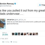 Man möchte nicht in der Haut dieser Twitter-Userin stecken. Gordon Ramsays Urteil zu ihrem Pulled-Pork-Sandwich: "Es sieht so aus als hättest du es aus der Unterhose meine Großvaters herausgezogen."