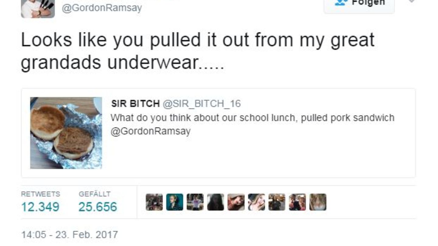 Man möchte nicht in der Haut dieser Twitter-Userin stecken. Gordon Ramsays Urteil zu ihrem Pulled-Pork-Sandwich: "Es sieht so aus als hättest du es aus der Unterhose meine Großvaters herausgezogen."