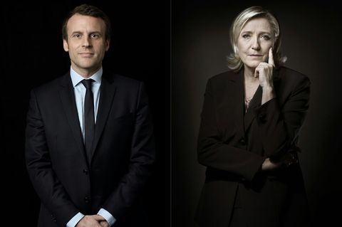 Zwei Bilder mit schwarzem Hintergrund zeigen die französischen Präsidentschaftskandidaten Emmanuel Macron und Marine Le Pen