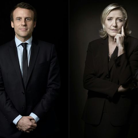 Zwei Bilder mit schwarzem Hintergrund zeigen die französischen Präsidentschaftskandidaten Emmanuel Macron und Marine Le Pen