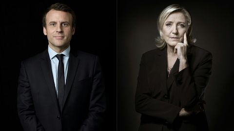 Zwei Bilder mit schwarzem Hintergrund zeigen die französischen Präsidentschaftskandidaten Emmanuel Macron und Marine Le Pen