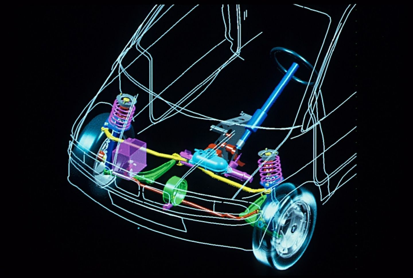 So sah die technische Zeichnung der Vorderachse inklusive Lenkung beim BMW E1 (Z11) aus