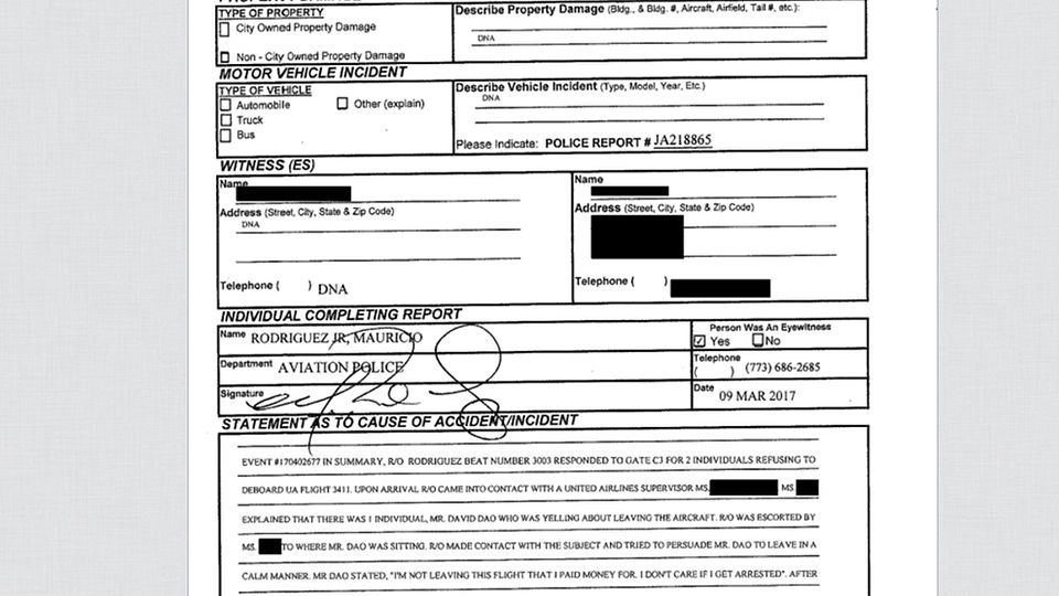 Ausschnitt aus dem zwölfseitigen Polizeiprotokoll des Department of Aviation in Chicago zum United-Zwischenfall am 9. April 2017.