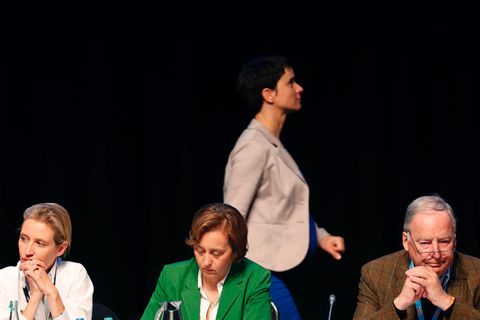Bundesparteitag in Köln: Parteichefin Petry im Hintergrund, die AfD-Spitzenkandidaten Alice Weidel (l.) und Alexander Gauland vorn, in der Mitte Beatrix von Storch