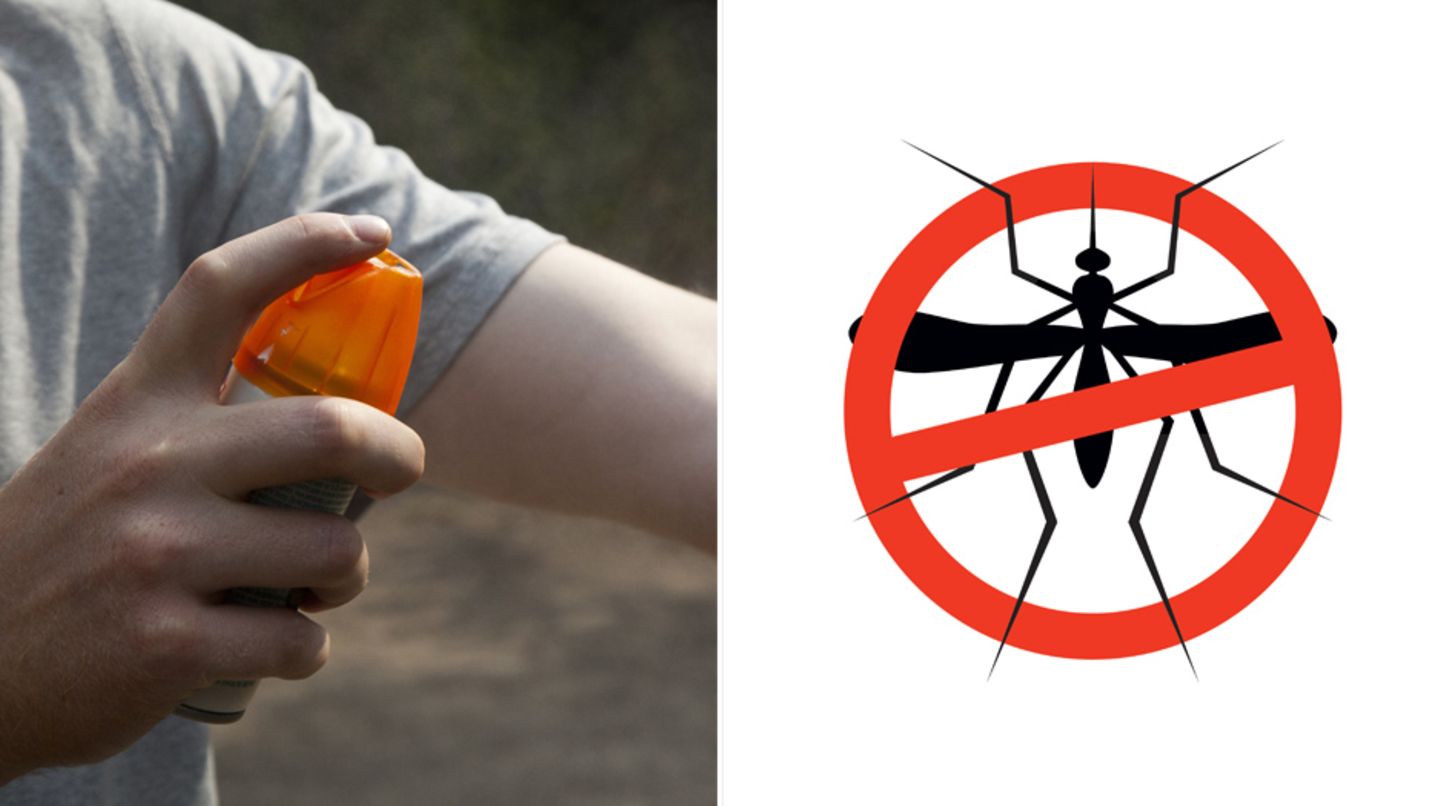 Ein Mann sprüht sich ein Spray zum Schutz vor Mückenstichen auf.