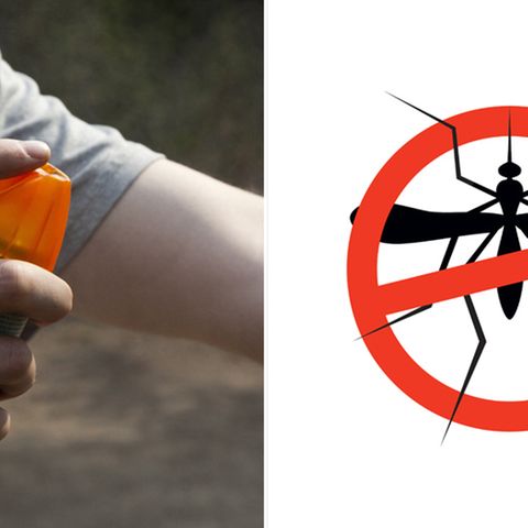 Ein Mann sprüht sich ein Spray zum Schutz vor Mückenstichen auf.