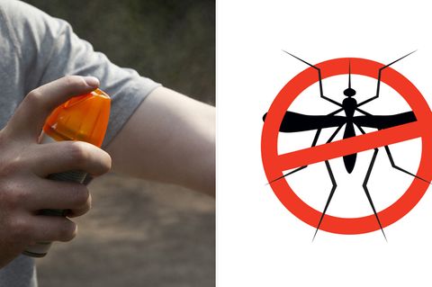 Ein Mann sprüht sich ein Spray zum Schutz vor Mückenstichen auf.