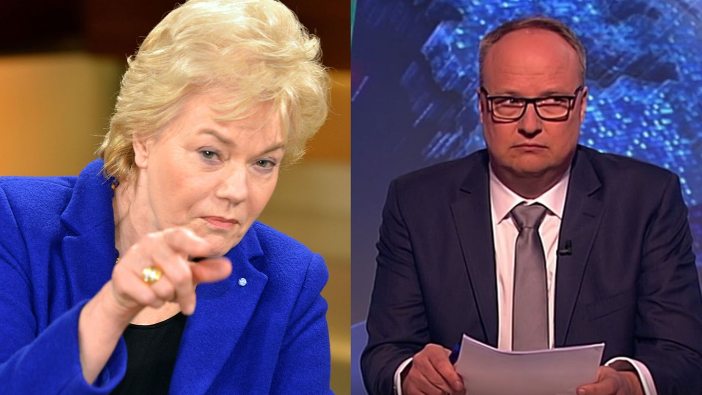 Erika Steinbach zeigt mit dem Finger. Die rechte Seite der Bild-Combo zeigt Oliver Welke von der "Heute Show"