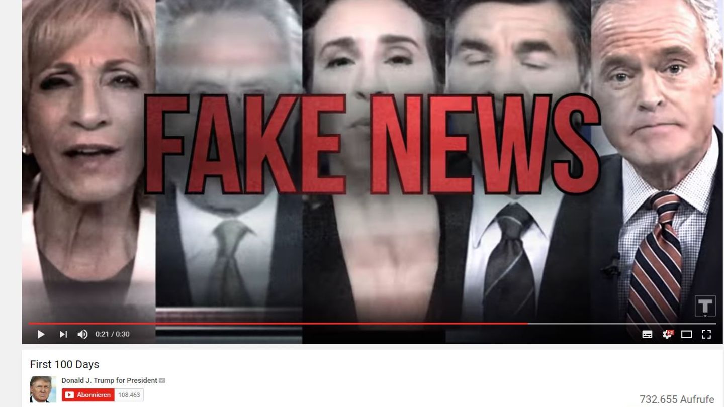 Videostill 100 Tage Donald Trump im Amt - In rot prangt Fake News über 5 Journalisten-Portraits - CNN lehnt den Werbeclip ab