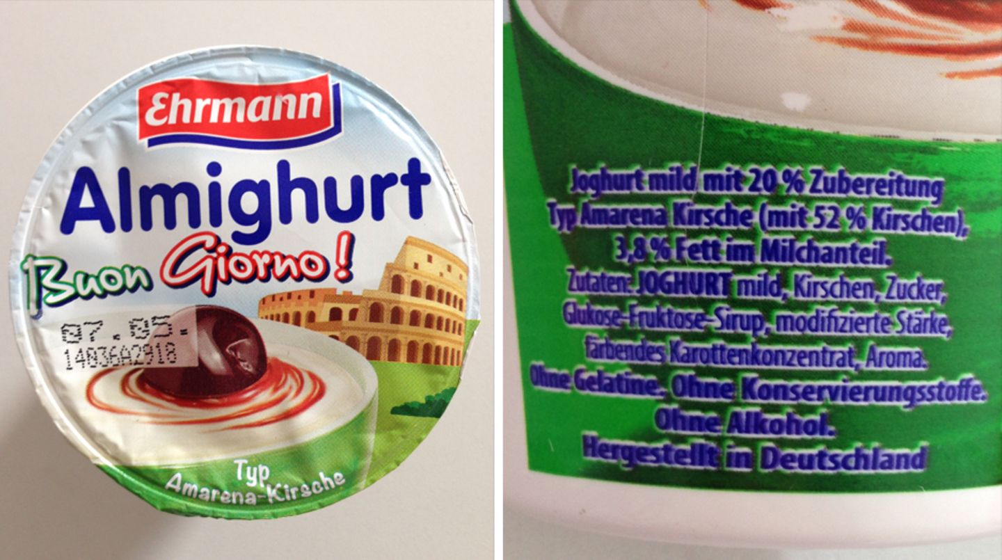 "Amarenakirschen" sind eigentlich Sauerkirschen, die in einem Sirup aus Zucker, Bittermandelöl und Vanille eingelegt sind. Der Almighurt Buon Giorno vom "Typ Amarena-Kirsche" enthält lediglich ganz normale Kirschen - und auch das umgerechnet nur rund zehn Prozent (52 Prozent von 20 Prozent). 