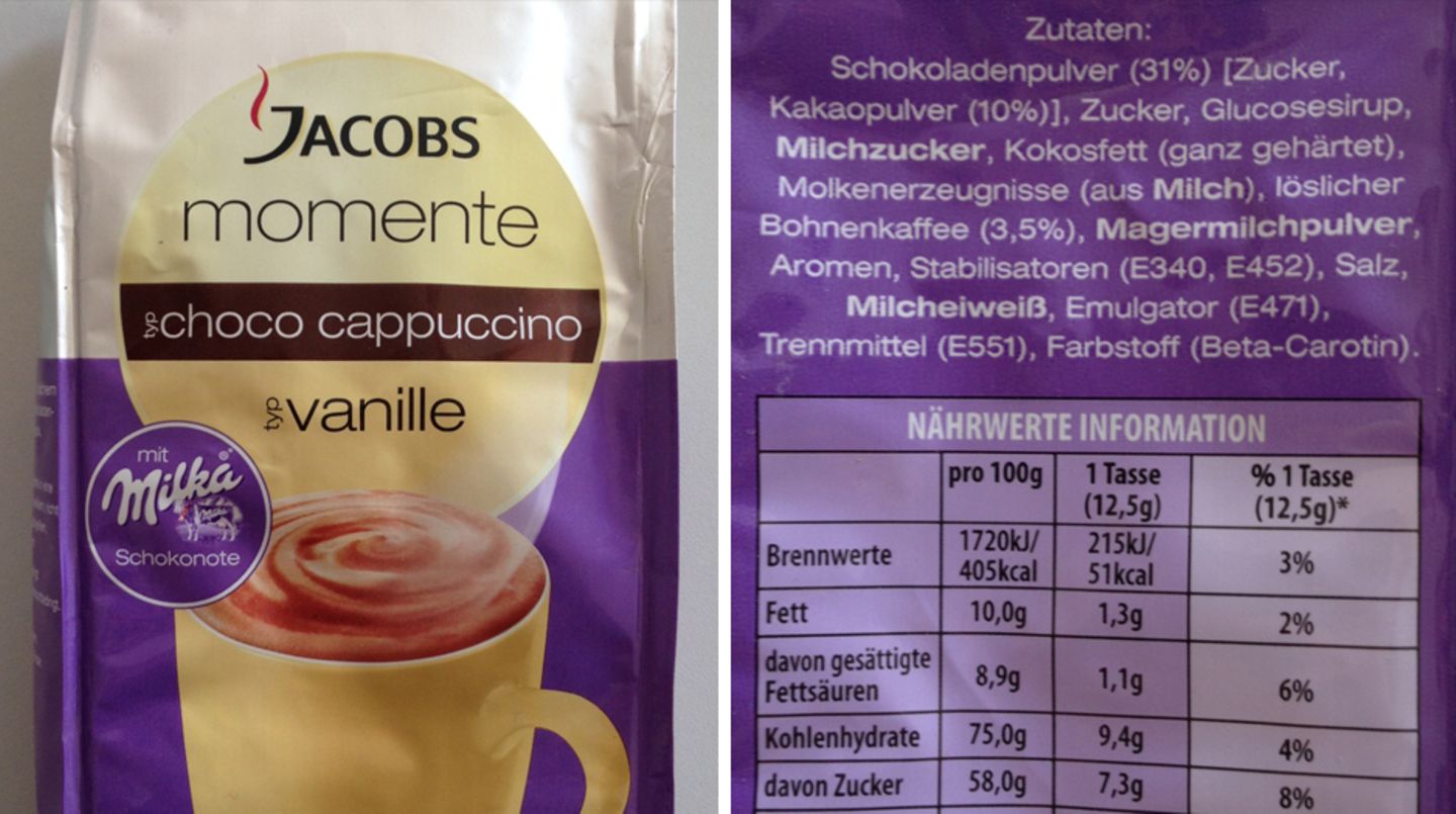 Legaler Etikettenschwindel: Brille auf für das winzige "Typ" vor dem Wort Vanille. Der Vanillegeschmack bei Jacobs stammt wohl von künstlichen Aromen (sonst wäre "natürliches Vanillearoma" angegeben). Und die "Milka-Schokonote" entpuppt sich als Schokoladenpulver, das zu 90 Prozent aus Zucker und nur zu 10 Prozent aus Kakaopulver besteht. Brille auf für das winzige "Typ" vor dem Wort Vanille. Der Vanillegeschmack bei Jacobs stammt wohl von künstlichen Aromen (sonst wäre "natürliches Vanillearoma" angegeben). Und die "Milka-Schokonote" entpuppt sich als Schokoladenpulver, das zu 90 Prozent aus Zucker und nur zu 10 Prozent aus Kakaopulver besteht.