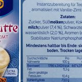 Eine Vanilleblüte und Zimtschoten schmücken das Schaubild des Chai Latte "Typ Vanille-Zimt". Etwas Zimt ist auch enthalten, von Vanille ist dagegen nicht die Rede. Da statt "natürlichem Vanillearoma" lediglich "Aromen" genannt sind, kommen diese wahrscheinlich aus dem Labor.