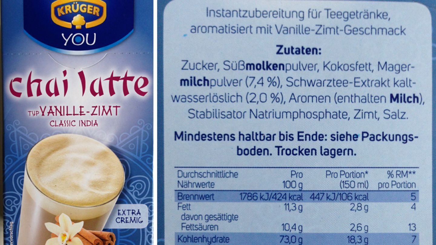 Eine Vanilleblüte und Zimtschoten schmücken das Schaubild des Chai Latte "Typ Vanille-Zimt". Etwas Zimt ist auch enthalten, von Vanille ist dagegen nicht die Rede. Da statt "natürlichem Vanillearoma" lediglich "Aromen" genannt sind, kommen diese wahrscheinlich aus dem Labor.