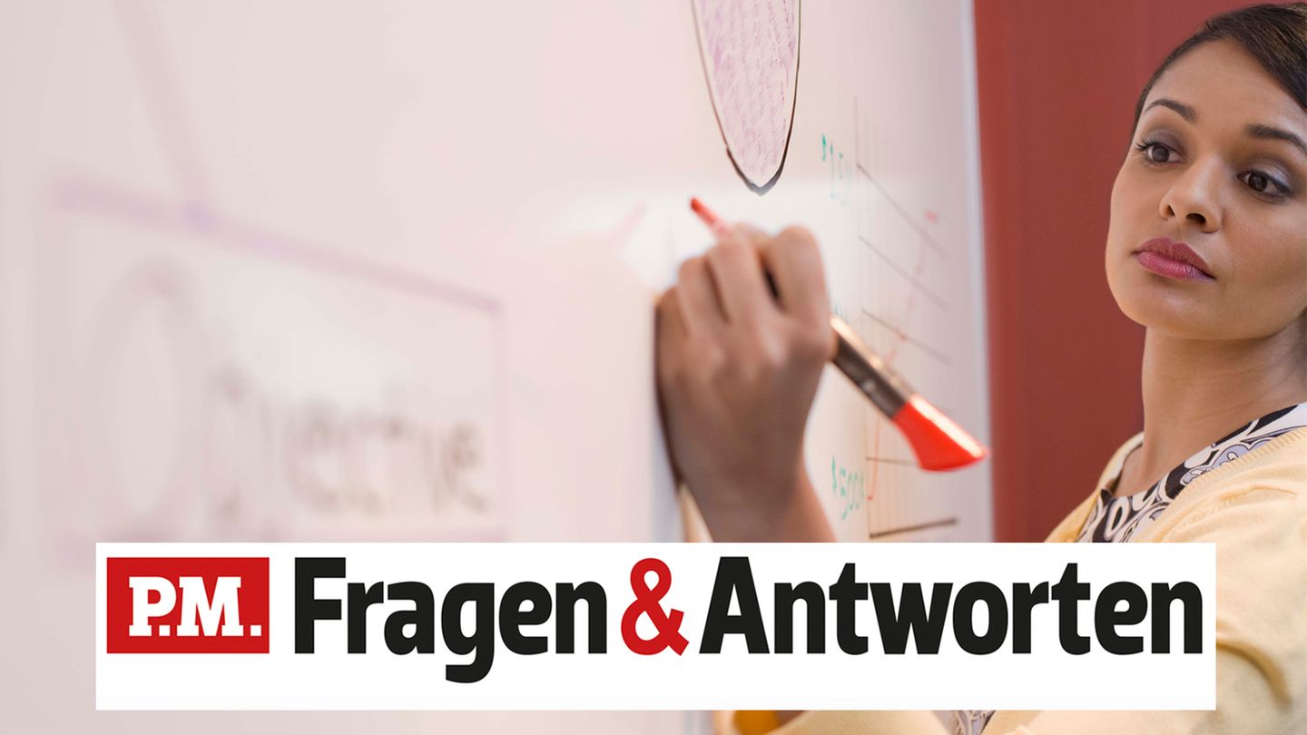 Eine Frau schreibt mit der linken Hand auf ein Flipchart
