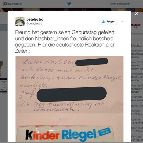 Twitterbeitrag mit dem Hinweis, dass trotz Schokoriegel die Hausordnung eingehalten werden muss
