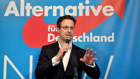 AfD-Spitzenkandidat Marcus Pretzell auf der AfD-Wahlparty nach der Landtagswahl in Nordrhein-Westfalen