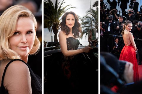 Staraufgebot auf dem roten Teppich auf dem 70. Filmfestspielen in Cannes.  Von links: Schauspielerinnen Charlize Theron und Andi McDowell sowie Model Bella Hadid