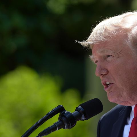 US-Präsident Donald Trump - im Profil fotografiert - spricht vor dem Weißen Haus in ein Mikrofon und gibt eine Erklärung ab