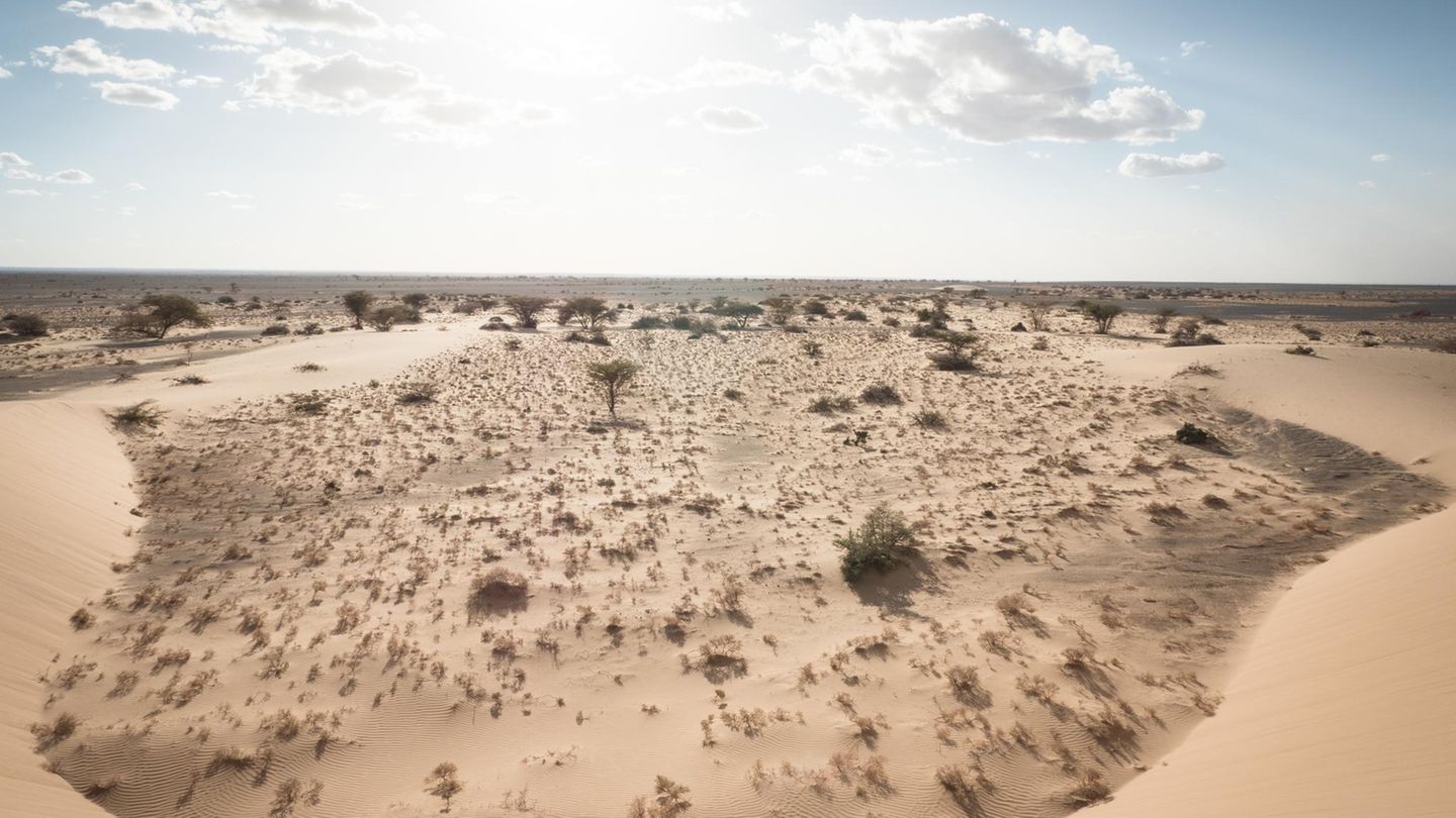 Düne bei North Hoor. Die Düne bedeckt nicht das ganze Land, aber das Bild zeigt doch den Klimawandel.