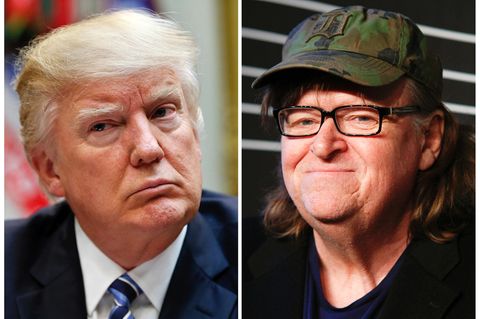 Die Bildkombo zeigt US-Präsident Donald Trump und US-Regisseur Michael Moore
