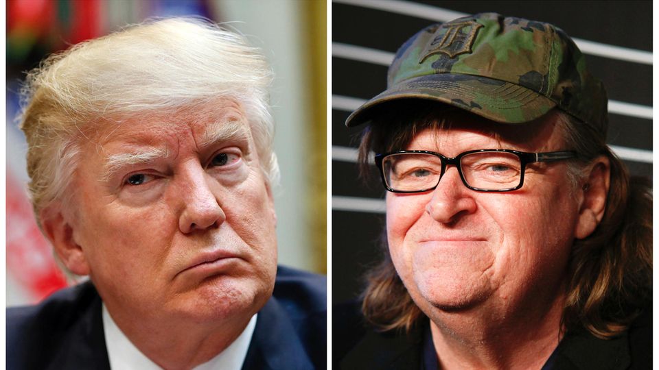 Die Bildkombo zeigt US-Präsident Donald Trump und US-Regisseur Michael Moore
