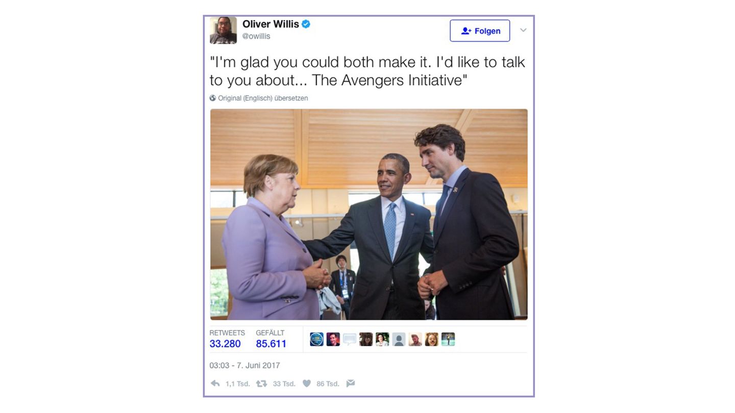 So geht die Geschichte los: Obama klärt Merkel und Trudeau über die "Avengers" auf