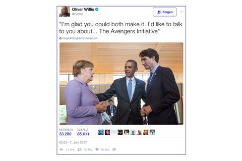 So geht die Geschichte los: Obama klärt Merkel und Trudeau über die "Avengers" auf