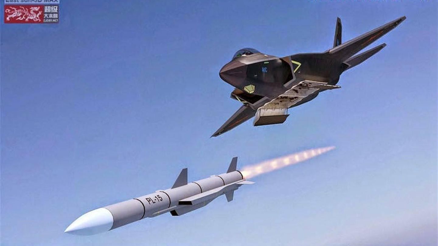 Diese Computeranimation von 201 zeigt einen J-31 Stealth-Fighter, der eine P-15 Rakete mit Ramjet-Antrieb abfeuert.
