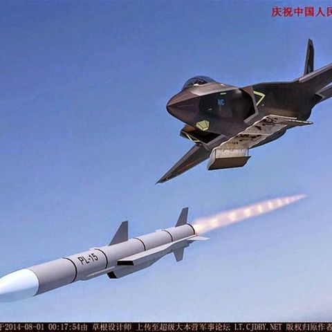 Diese Computeranimation von 201 zeigt einen J-31 Stealth-Fighter, der eine P-15 Rakete mit Ramjet-Antrieb abfeuert.