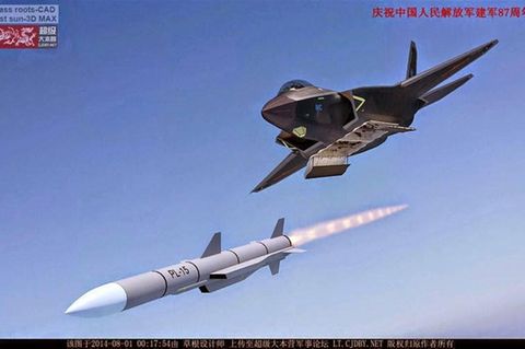 Diese Computeranimation von 201 zeigt einen J-31 Stealth-Fighter, der eine P-15 Rakete mit Ramjet-Antrieb abfeuert.