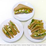 Hühnchen-Salat-Sandwich in drei Portionsgrößen. Abnehmen (oben), Gewicht halten (links), Zunehmen (rechts).