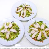 Zucchini-Salat mit Hühnchen in drei Portionsgrößen: Abnehmen (oben), Gewicht halten (links), Zunehmen (rechts).