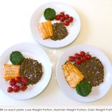 Lachs, Tomaten und Linsen. Wer abnehmen möchte, sollte oben zugreifen, wer sein Gewicht halten möchte, schnappt sich den linken Teller und wer zunehmen sollte, isst das rechte Gericht.