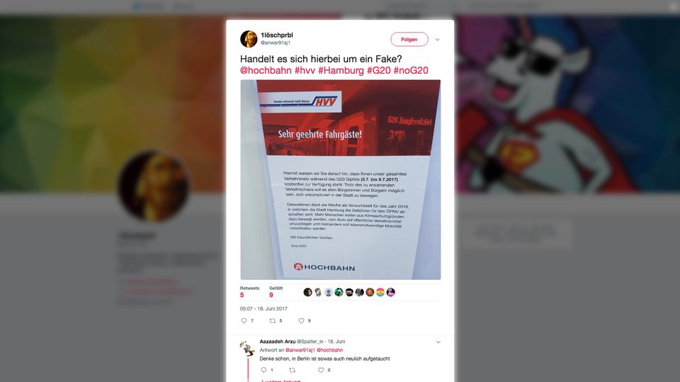 Nicht nur dieser Twitter-User war sich unsicher, wie es um die Echtheit der Plakate bestellt ist Ein Tweet zeigt das gefälschte HVV-Plakat