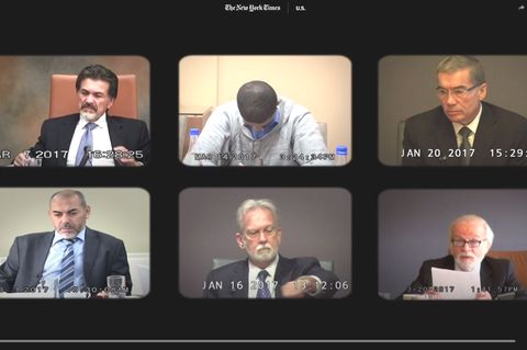Screenshot aus "New York Times"-Reportage über Videoaufnahmen der Aussagen von John Bruce Jessen und James Mitchell vor Gericht