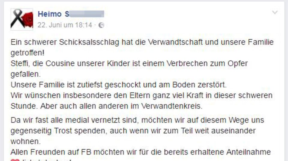 Mit einem Facebook-Post gedenkt der Onkel von Steffi S. seiner Nichte